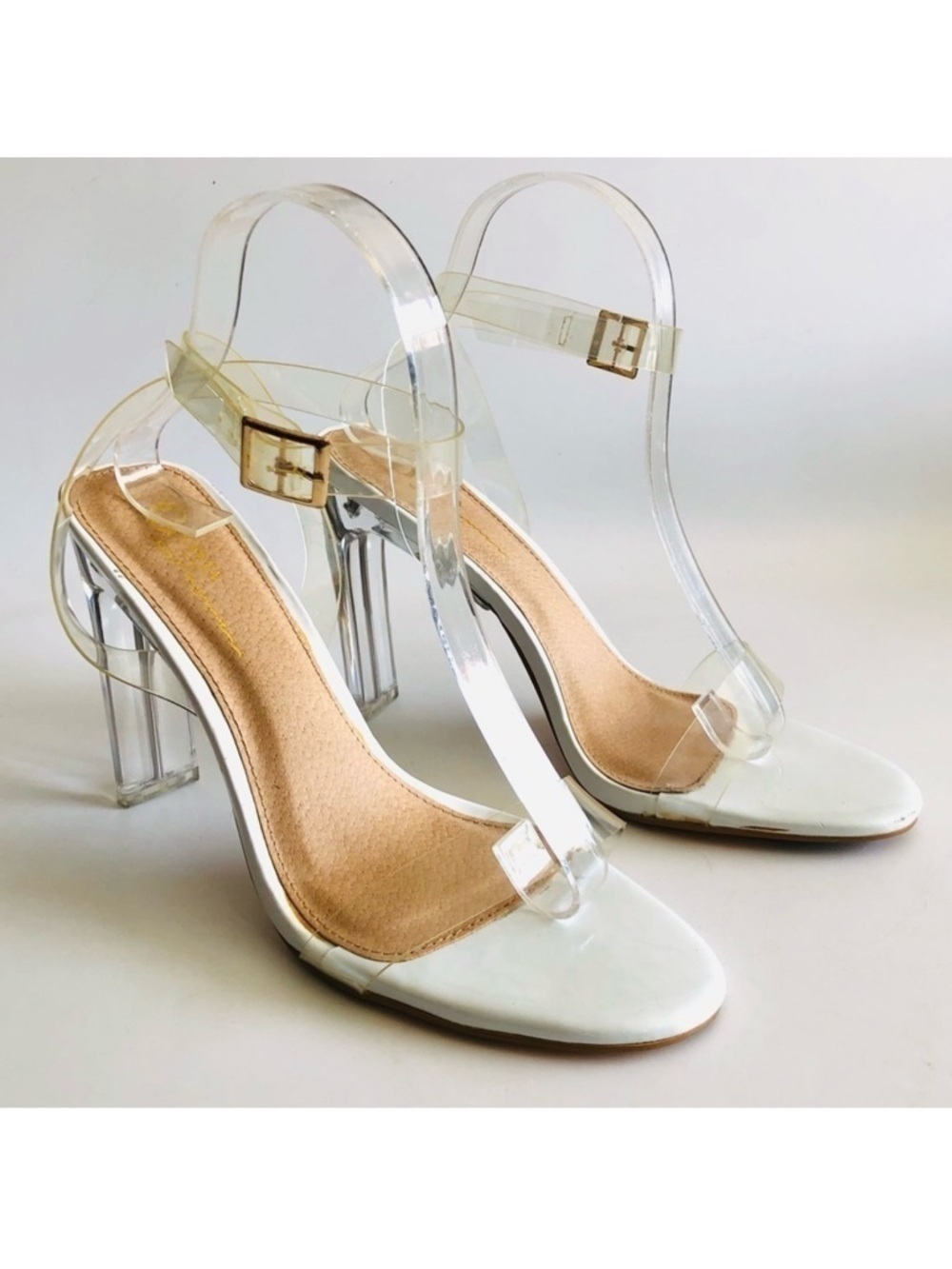 Olivia Jaymes Lucite Heel Strappy Sandals